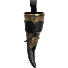 Hornerey T05Gold Original Viking Gold Rim 0.5 L with Leather Belt Holder, Real Medieval Raw Horn, Drinking Horn, Methorn, LARP, Horn, 500 ml, Pack of 1