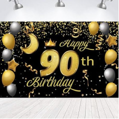 Sweet Happy 90th Birthday Hintergrund Banner Poster 90 Geburtstag Party Dekorationen 90. Geburtstag Party Supplies 90. Geburtstag Foto Hintergrund für Mädchen, Jungen, Frauen, Männer - Schwarz Gold