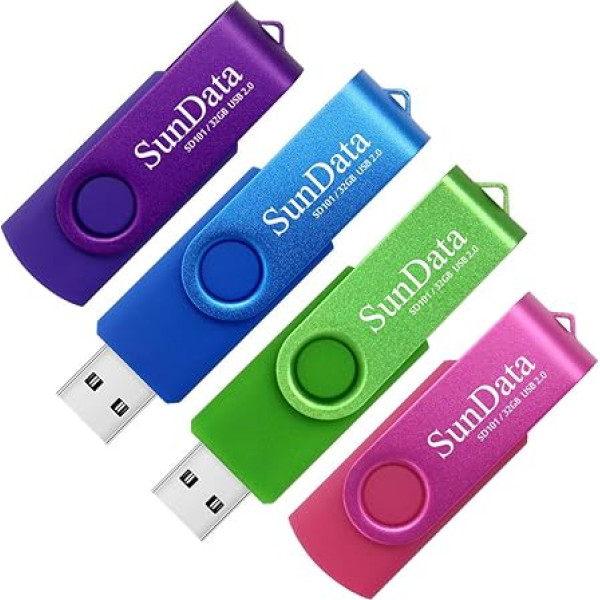 SunData 4 x 32 GB USB 2.0 Memory Sticks, Thumb Drives, Memory Sticks, Rotate Metal (4 смешанных цвета: синий, зеленый, фиолетовый, розовый)