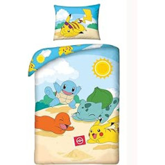 Halantex Pokemon Pikachu Bed Linen 2-Piece Children's Bed Linen 140 x 200 cm + 70 x 90 cm Pillowcase Beige Blue Yellow Cotton Oeko-Tex