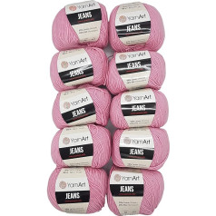 YarnArt Jeans Knitting Wool Plain with 55% Cotton, 500 г Wool Plain (Pink 36), Pack of 10 x 50 g