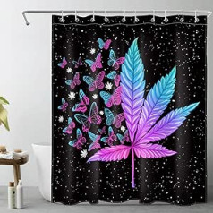 LB Purple Grass Shower Curtain, Blue Butterfly, Anti-Mould, Waterproof Bathroom Curtains, Black and White Night Sky, Extra Short Polyester Fabric Bathroom Curtain with Hooks, 120 x 175 cm