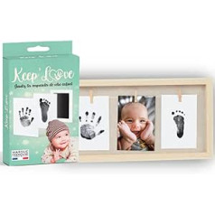 Keep'Love - Baby Footprint Frame Set - Footprint and Hands - Souvenir Birth Gift - Original Decoration for Baby Room - Wooden Photo Frame - Trio - Beige FSC