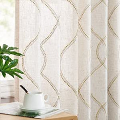 TOPICK Linen Look Curtains, Beige, Concealed Loops, Opaque Curtains with Gold Thread, Embroidery, Modern Geometric for Living Room, Embroidered, Semi-Transparent Privacy, Set of 2, 140 x 225 cm