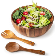 Bill.F Wooden Salad Bowl, 30 cm Acacia Wood Salad Bowl Set, Large Salad Mixing Bowl with Servers, 3-Piece Large Salad Bowl Set