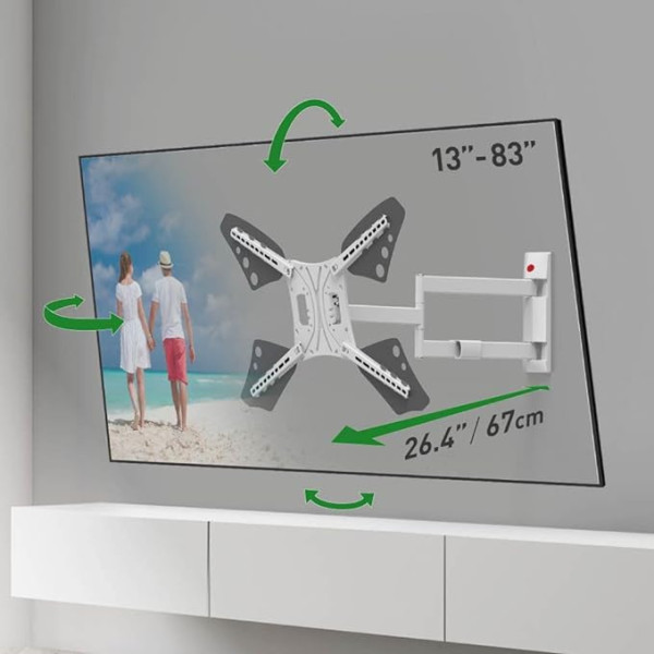 Barkan lange Weiß TV Wandhalterung, 13 - 80 Zoll Schwenkbar / Neigbar / Vollbewegung flach & curved Fernseher TV Halterung, hält bis 50Kg, extra langer Auszug, für LED OLED LCD, Max. VESA 600x400