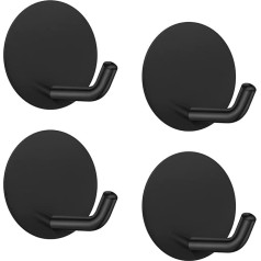 LJLink Pack of 4 Black Self-Adhesive Hooks Wall Hooks for Towel Key Coat Stainless Steel Hooks No Drill No Screws Door Hooks Adhesive Hooks for Bathroom Kitchen Cupboard Round