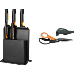 Fiskars Дизайнерский блок ножей с 5 ножами, функциональная форма, черный, 1057554 & Многоцелевые ножницы с отделяемыми лезвиями, в комплекте защитн