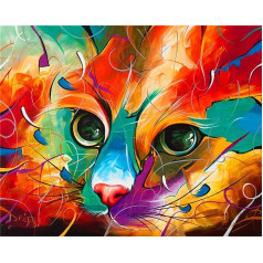 YEESAM ART Paint by Numbers Adult Cat Face Colourful Abstract, 16 x 20 Inch DIY Oil Painting Number Painting Oil Wall Art (Cat, with Frame)