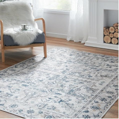 TOPICK Area Rugs Blue Area Rugs 90 x 150 cm Entryway Floral Chenille Print Kitchen Vintage Rug Accent Thin Lightweight Non-Slip for Living Room Bedroom Office Dining Room