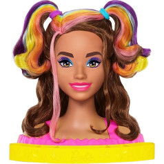 Barbie HMD80 Doll Deluxe Styling Head, Totally Hair, Wavy Brown Neon Rainbow Hair, Doll Head for Hair Styling, Colour Reveal Accessories, Ages 3+