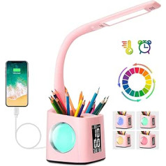 Wanjiaone Desk Lamp with Clock and Alarm Clock, Desk Lamp for Kids with Night Light and Pen Holder, Table Lamp Eye Caring, Dimmable, Desk Lamp for Girls/Boys/Teenagers - Pink