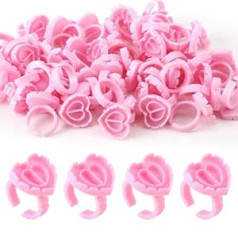 Pack of 100 Disposable Glue Holder Rings, Eyelash Glue Holder Ring, Heart Shape Eyelash Ring, Plastic Eyelashes Flower Holder, for Tattoo Pigment Eyelash Extension Accessories (Pink)