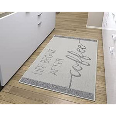 Hanse Home Life Begins After Coffee Kitchen Rug - Kitchen Runner Rug with Lettering, Non-Slip, Easy Care, Robust, Oeko-Tex Rug Runner for Kitchen, Hallway, Dining Room - Cream Grey, 92 x 150 cm