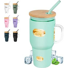 FUNUS Glass Coffee Mug 32oz Glass Travel Mug with Bamboo Lid and Straw Handle Reusable Wide Mouth and Perfect for Iced Coffee and Drinks