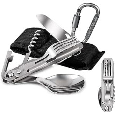 ZIMAIC Stainless Steel Cutlery 5 in 1 Folding Cutlery Camping Cutlery Knife Fork Spoon Set Outdoor Portable Cutlery with Drawstring Bag