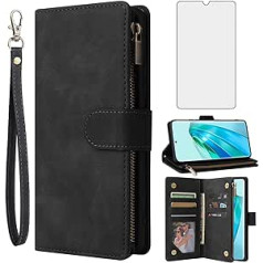 Asuwish Mobile Phone Case for Honor Magic 5 Lite 5G/X9A/X40 Case with Screen Protector and Card Slot, Foldable Leather Wallet Stand Magic5 5Lite Zip Mobile Phone Cases Protective Phone Case Black