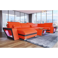 Sofa Dreams Wohnlandschaft Catania U-Shape Leather Sofa with Lighting Sofa with USB Ports Headrests Couch in Leather (Ottoman Left, Orange/Black)