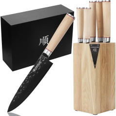 YOUSUNLONG Knife Block Sets - 5 Piece Knife Set - Japanese AUS8 Steel Black Titanium - Natural Fraxinus Americana Wood Knife Holder - Canadian Maple Wood Handle - Kitchen Knife Set