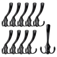 GUWINA Pack of 10 Wall Hooks Black Retro Vintage Coat Hooks Wall Three Hooks Coat Hooks Matt Black Towel Hooks Hat Hooks Coat Hooks Ideal for Bathroom Kitchen Bedroom Entrance