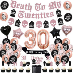 Cheereveal 30th Birthday Decorations Black and Rose Gold, Death To My 20s Party Supplies with Banner Cake Topper Rip to My 20s Sash Number 30 Foil Balloon for My Youth Funny Thirty Birthday Party