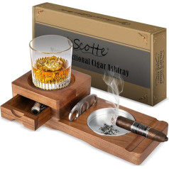 Scotte Пепельница для сигар Coaster Whiskey Glass Tray & Wooden Ashtray with Cigar Cutter, Drawer and Cigar Slot, Home Outdoor Ashtray, Cigar Accessories for Men