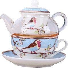 Fanquare Blue Robin Birds and Flowers Tea for One Set, керамическая чайная чашка и блюдце со стеклянным заварочным чайником