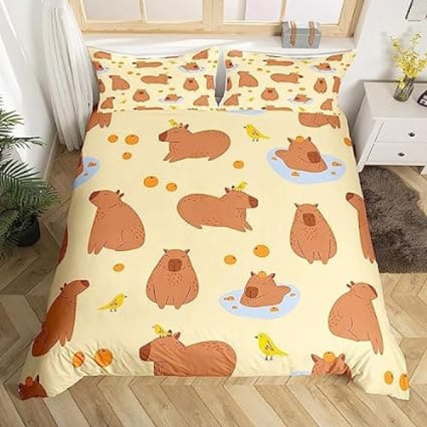Homewish Capybaras Пододеяльник 155 x 220 см Милый Коричневый Capybaras Покрывало для Малышей Подростков Молодежи, Мультфильм Птица Capybara Оранжевый Комплек