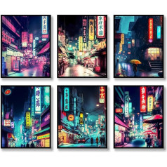 QQQDADA Японские принты настенного искусства, набор из 6 японских неоновых постеров Абстрактная иллюстрация настенный декор Токио ночные ули