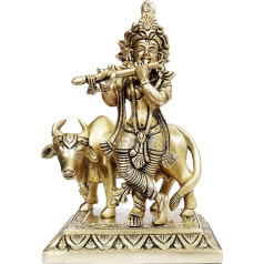 Purpledip Idol Господь Кришна и корова Камдхену коллекционная золотая отделка тяжелая статуя для домашнего храма (12099)