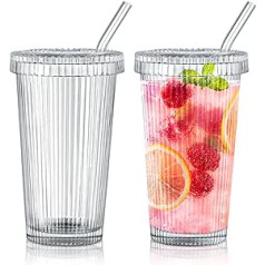 Joeyan 375 ml Clear Drinking Cup with Lid and Straw Glass, Set of 2 Ribbed Glass Coffee Cups with Straw for Juice, Latte Water Tea, Thick Drinking Glasses for Home, Office, Bedroom, Bedside Table