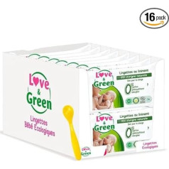 Love & Green - 16 упаковок по 56 очищающих салфеток с линиментом - 99% натурального происхождения + 1 ложка, случайный цвет