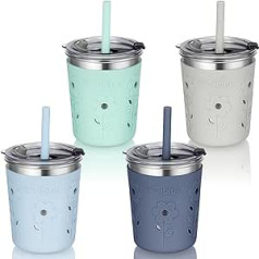 Tiblue Kids Toddler Tumbler Leakproof Stainless Steel Cup with Leakproof Lids Silicone Straw with Stopper and Sleeve BPA Free Snack Smoothie Drinking Cup for Baby Girls