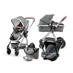 Kinderkraft VEO Pram, Baby Combi Pram, 3-in-1 Pram Set, Sports Pushchair, Pram And Carrier In One, Two-Stage Suspension, Large Wheels, Pneumatic Tyres