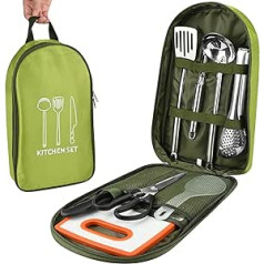 8 Piece Camping Cooking Set, Portable Outdoor Cookware Kitchen Cutlery Set with Multifunctional Stainless Steel Cutlery and Waterproof Storage Bag.Suitable for Outdoor Travel, Camping,
