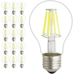 Mengjay Pack of 15 E27 LED Classic Bulbs, Replaces 60 W LED Filament Bulb, 8 W A60 650 LM, Cool White, 6000 K Filament Bulbs, Filament Style Clear, Not Dimmable