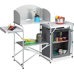 Relaxdays Camping Kitchen with Wind Protection, Foldable, Carry Bag, Camping Cabinet, Aluminium & MDF, H x W x D: 111 x 147 x 46 cm, White/Grey