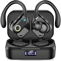 Bluetooth Sports Headphones, Wireless Bass Sound, In-Ear Headphones Bluetooth 5.3 IPX7 Waterproof, 60 Hours Playtime, Sports Headphones with HD Mic, LED Display, USB-C Charging Box Earphones for