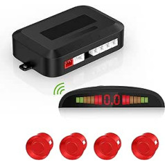 Wireless PDC Parking Aid Rear, Pdc Retrofit Kit Rear, Wireless LED Distance Display, Reversing Alarm Acoustic + 4 Red Colour PDC Sensors for Car Vans RV Trailer