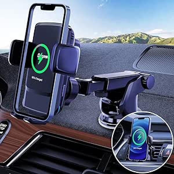Drcowu 15 W Fast Wireless Charger Car Mobile Phone Holder with Charging Function, Coil-Free Positioning Technology, 5.0 Car Ventilation Clip & Suction Cups, for iPhone Samsung S21/S20