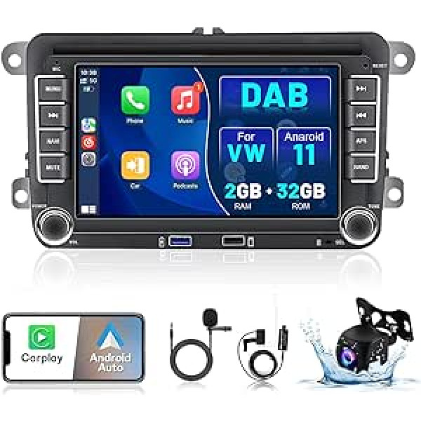 2G 32G DAB Car Radio 2Din Android 11 Carplay with Navigation System for VW Passat B6 B7 Golf 5 6 Touran Polo Caddy Seat 7 Inch Car Radio Stereo with Bluetooth Android Car WiFi FM RDS HI-FI 3USB AHD