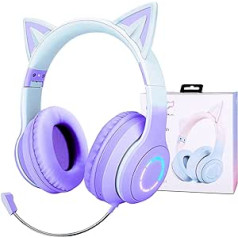 Wireless Kids Headphones, Kids Headphones with LED Light and Cat Ears for Girls, Bluetooth Headset with Detachable Noise Cancelling Microphone and Built-in Microphone for Calls/Games