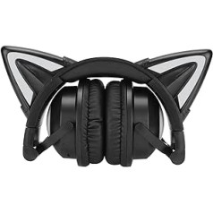 Oumij1 Cat Ear Headphones, Wireless Bluetooth 5.0 Stereo Headset with Microphone, Foldable LED Cat Ear Headphones for Teenagers, Children and Adults, Wired Over-Ear Headphones