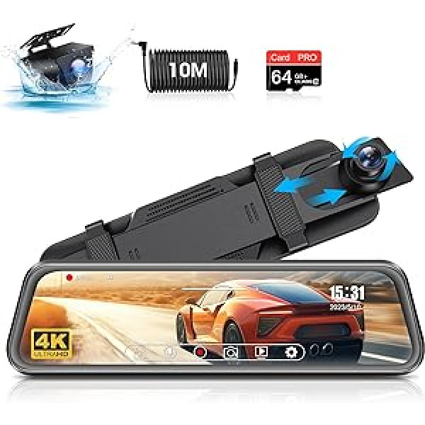 4K Dash Cam 10 Inch Mirror Dash Cam with Rear View Camera 170° Wide Angle Dash Cam Car Mirror Front Rear with 64G SD Card Dashcam Rear View Mirror with WDR Night Vision GPS Reversing Aid Parking