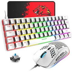 T60 Mini 60% Mechanical Keyboard Mouse Sets, Compact 62 Keys, Type C Wired, 19 Backlight Gaming Keyboard + 6400 DPI RGB Mouse + Mouse Pad, UK Layout for PC, Laptop, White/Blue Switch