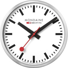 Mondaine - Настенные часы A990.Clock.16SBB 25 см - Станционные часы из серебристого матового алюминия с красной секундной стрелкой, устойчивые к пыли - С