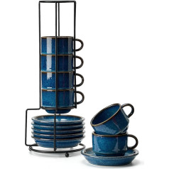 HOME DECOR Cappuccino Tassen Set - Reaktive Glasur Prozess - 6 x 180 ml Kaffeetassen mit Unterteller & Ständer - Edle Keramik Tassen für Espresso, Cappuccino und Latte - Reaktivglasurblau