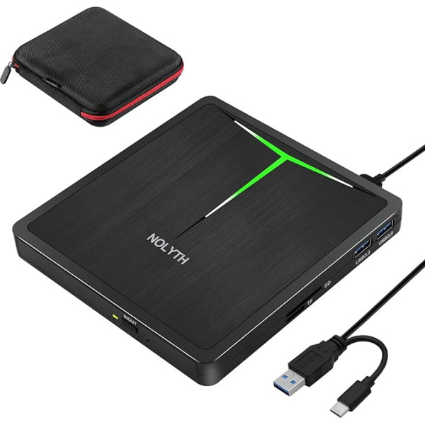 NOLYTH Внешний DVD-привод Внешний USB 3.0 Type-C CD/DVD +/-RW Burner с 2 слотами USB и SD/TF, портативный оптический привод CD Drive для ноутбука PC MacBook Windows 11/10 Mac OS