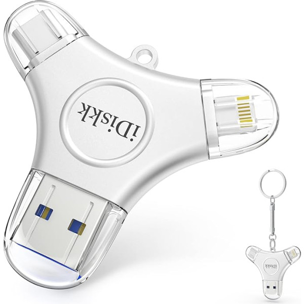 iDiskk 256GB 3-в-1 TYPE-C Photo Stick для iPhone, MFi Certified Lightning USB Flash Drive для iPad, iPhone Storage Compatible with USB-C Mobile Phones, iOS Mac PCs and iPhone/iPad Stick