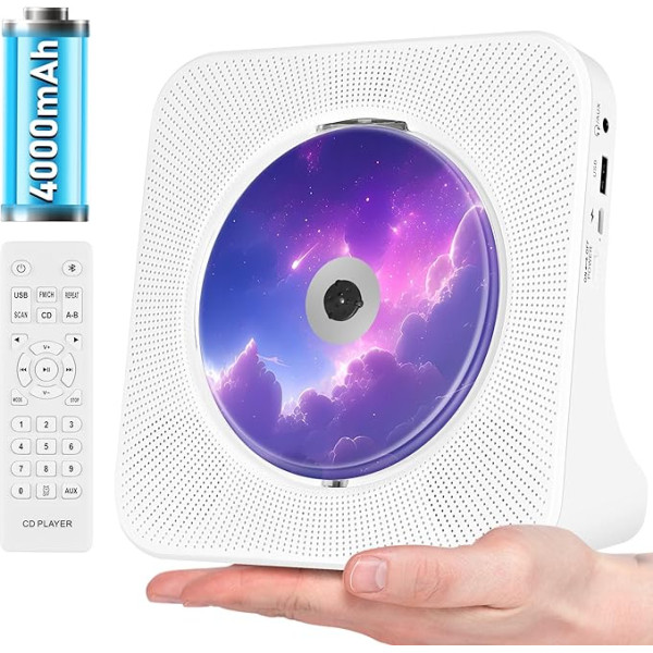 Аккумуляторный CD-плеер Портативный Bluetooth CD-плеер с USB, AUX, FM-радио CD-плеер с хорошим звуком, беспроводной CD-плеер белый с пультом дистанционно